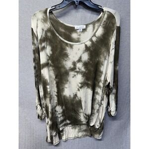LA Threads Womens 3X Tie Dye Long Sleeve Top Ruched Sleeves Knot Hem Olive Green